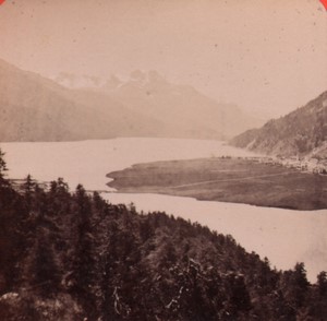 Switzerland Alps Silvaplana & Margna peak Old Stereo Photo Charnaux 1880