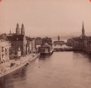 Switzerland Alps Zurich Limmat River Churches Old Stereo Photo Charnaux 1880