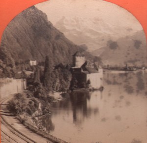 Switzerland Alps Chillon and the Dent du Midi Old Stereo Photo Jullien 1880