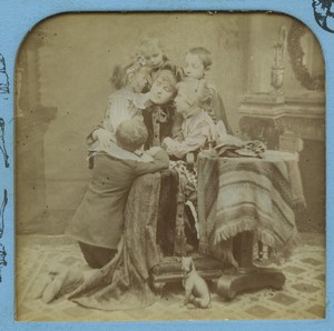 France mother and children Scenes Enfantines Old Block Stereoview Tissue 1865