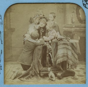 France mother and children Scenes Enfantines Old Block Stereoview Tissue 1865