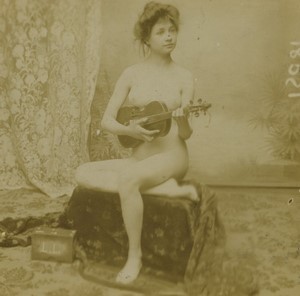 Paris Nu Féminin violon guitare Ancienne Photo Stereo Erotique 1890