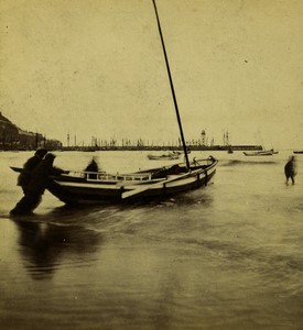 Royaume Uni Scarborough vue du rivage Barque ancienne Photo Stereo Latham 1860's