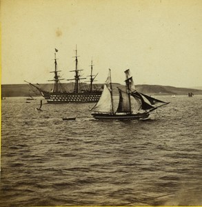 Scotland Firth of Forth HMS Royal Albert & Sailboat Old Stereoview photo 1860's