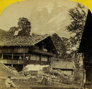 Switzerland Alps Grindelwald Chalets Mountain Old Stereo photo England 1865