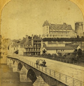 France Pau Juricon Bridge & Castle Chateau Old Stereo photo 1880