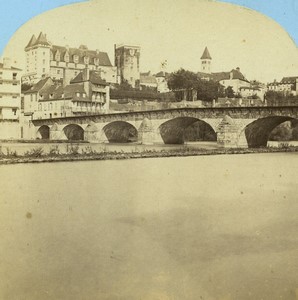 France Pyrenees Pau Castle Bridge on the Gave River Old Stereo photo Lamy 1867