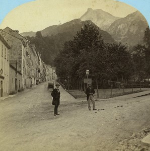 France Pyrenees Pic du Ger Peak view from Eaux Bonnes Old Stereo photo Lamy 1867