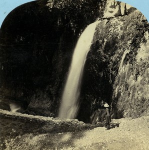 France Pyrenées Cascade du Gros Hêtre Eaux Bonnes ancienne Photo Stereo Lamy 1867