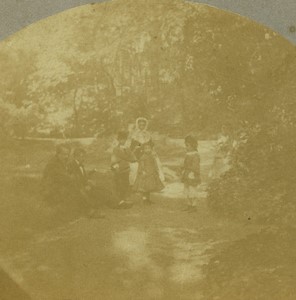 France Scene de Genre un après midi à la campagne Hommes et Enfants groupe ancienne Photo Stereo 1865