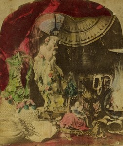 France Etude Artistique nature morte à la sculpture sous Globe Cloche en verre ancienne Photo Stereo 1865
