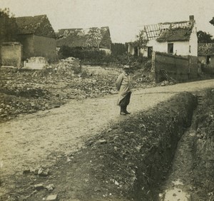 France First World War Marne Boyau on the edge of a village Stereo Photo 1918