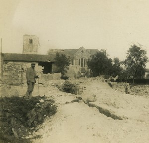 France First World War Marne Saint Hilaire church Trench Old Stereo Photo 1918