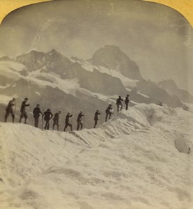 France? Alps Mountains Group of Hikers Old Photo Stereoview 1890