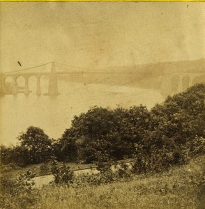 United Kingdom Wales Bangor Suspension Bridge Menai Strait Old Photo Stereo 1870