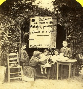 France Children playing Barber Shop Scene de Genre Radiguet Stereo Photo 1860