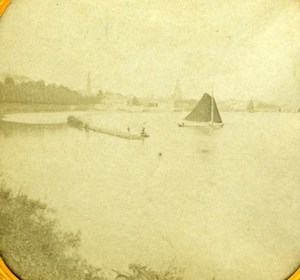 France ? Sailboats on Lake Old Tissue Stereoview Photo 1870