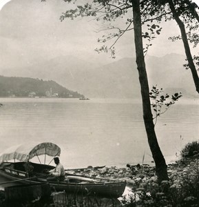 Italy Lake Como Tremezzo Panorama Boat Old Stereoview Photo 1900