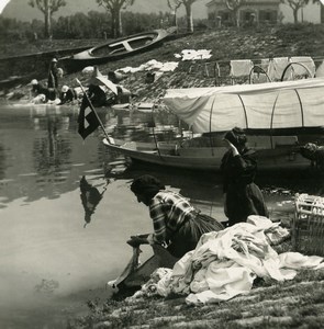 Italy Lake Como Washerwomen Boats Old Stereoview Photo 1900