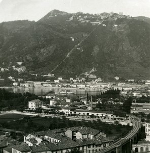 Italy Lake Como Como Harbor & Brunate Old Stereoview Photo 1900