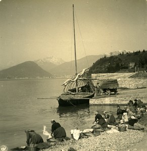 Italy Lake Maggiore Laveno Mombello Washerwomen Old NPG Stereoview Photo 1900