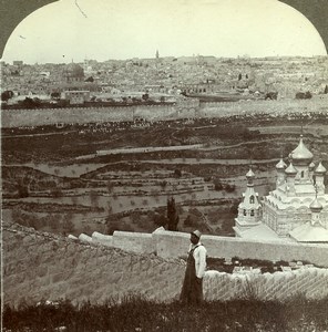 Israel Palestine Jerusalem from Mount of Olives Old Rau Photo Stereoview 1903