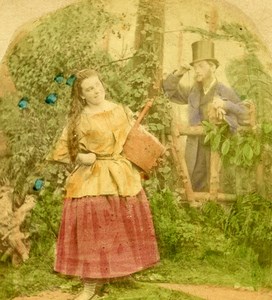 British Scene de Genre Photographic Fantasy Old Stereo Photo hand colored 1865