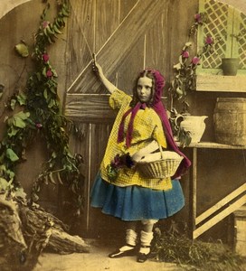 British Scene de Genre Little Red Riding Hood Stereo Photo hand colored 1865