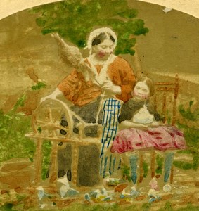 Scene de Genre Spinning Wheel Mother & Child Old Stereo Photo hand colored 1865