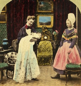 United Kingdom Scene de Genre Parents & Baby Old Stereo Photo hand colored 1865