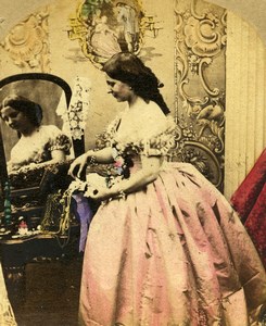 British Scene de Genre Pin Money Old Silvester Stereo Photo hand colored 1865