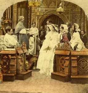 United Kingdom Scene de Genre The Marriage Old Stereo Photo hand colored 1865